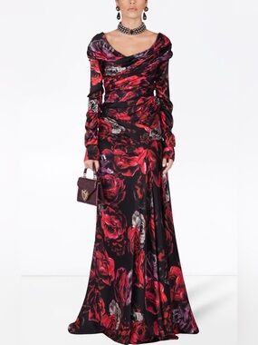 Dolce & Gabbana Black Red Floral Draped Maxi Dress, Italy Size 44
